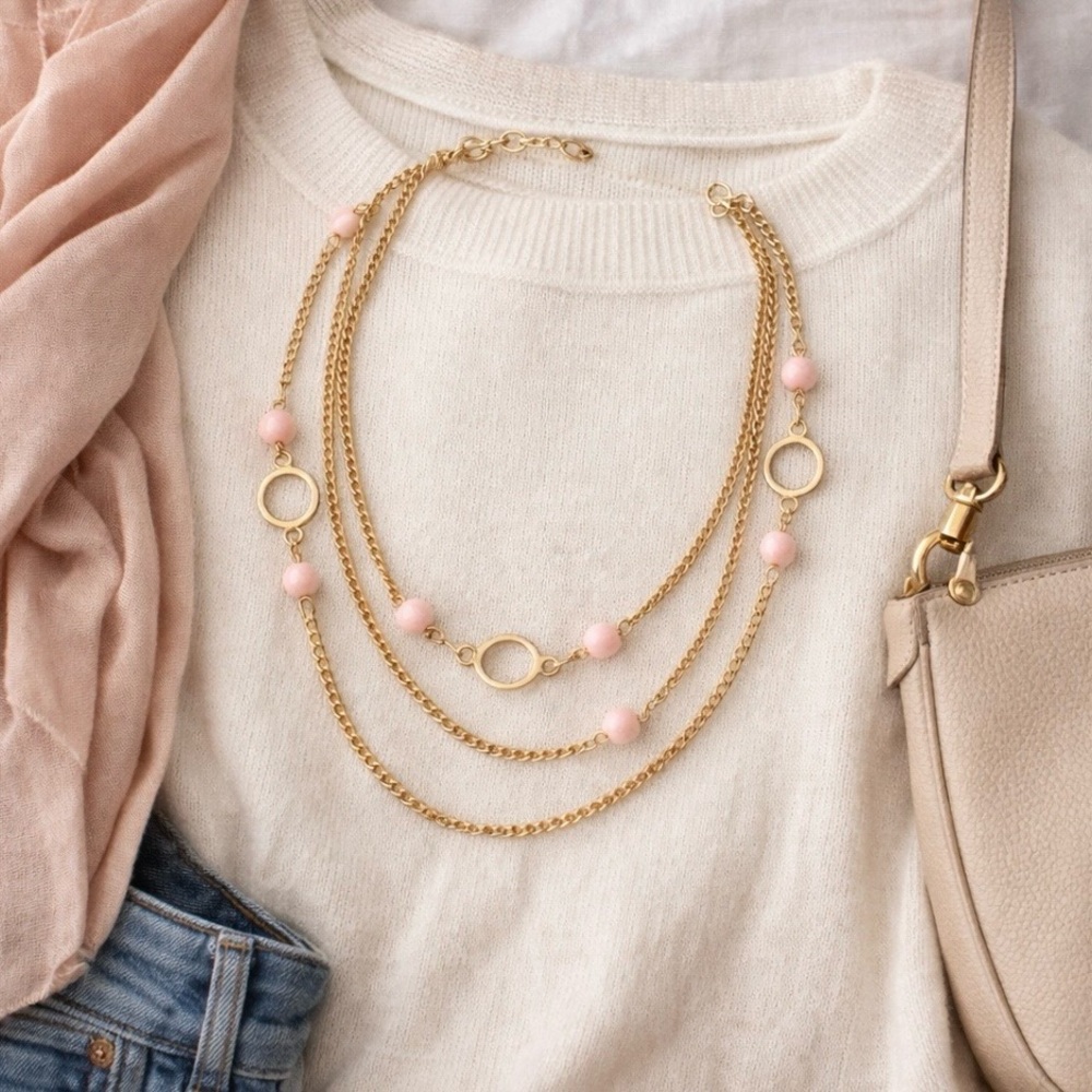 Vintage Sarah Coventry “Pink Parfait” necklace 1979 Goldtone pink bead station